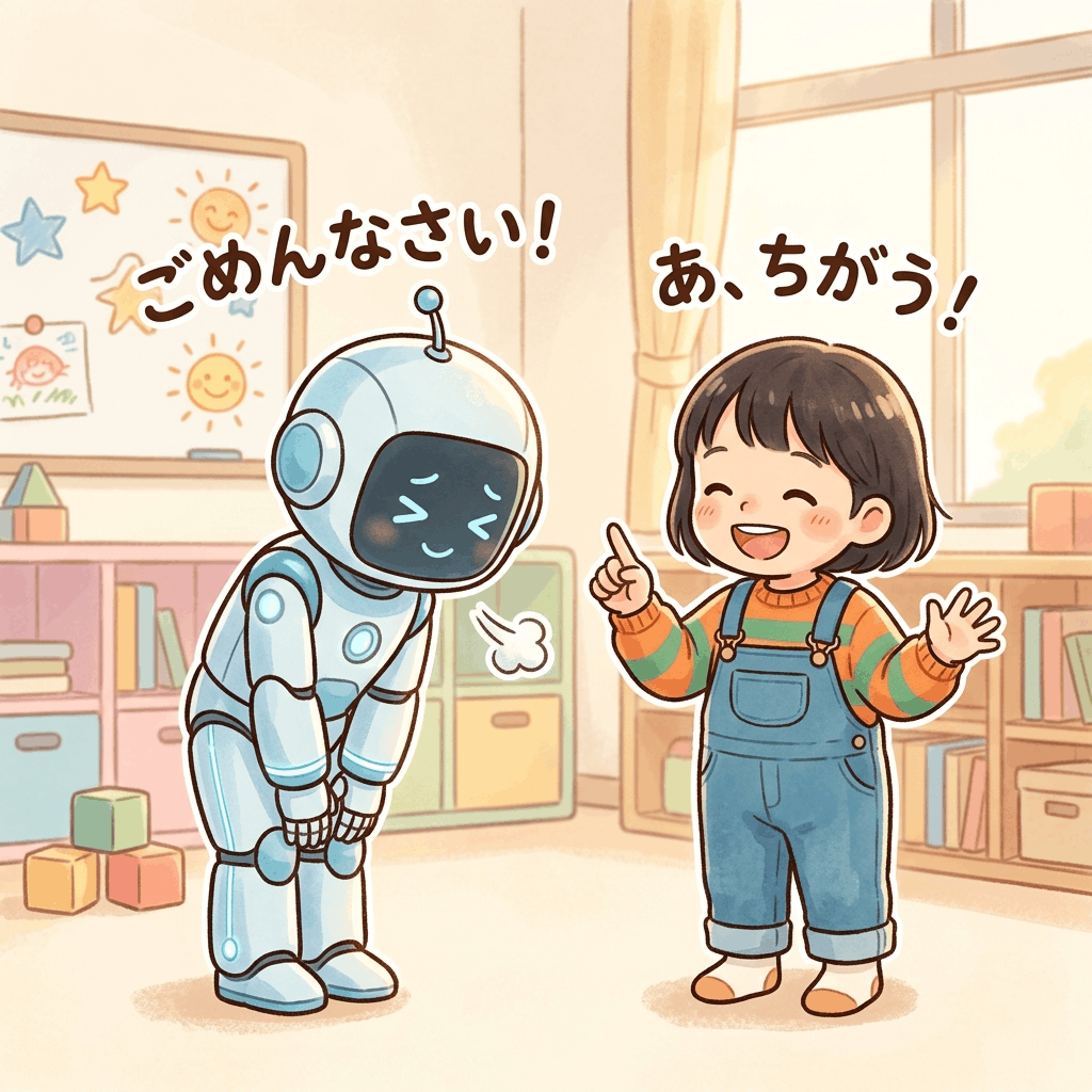 AIが謝り子どもが「あ、気づいた！」と笑っているイラスト